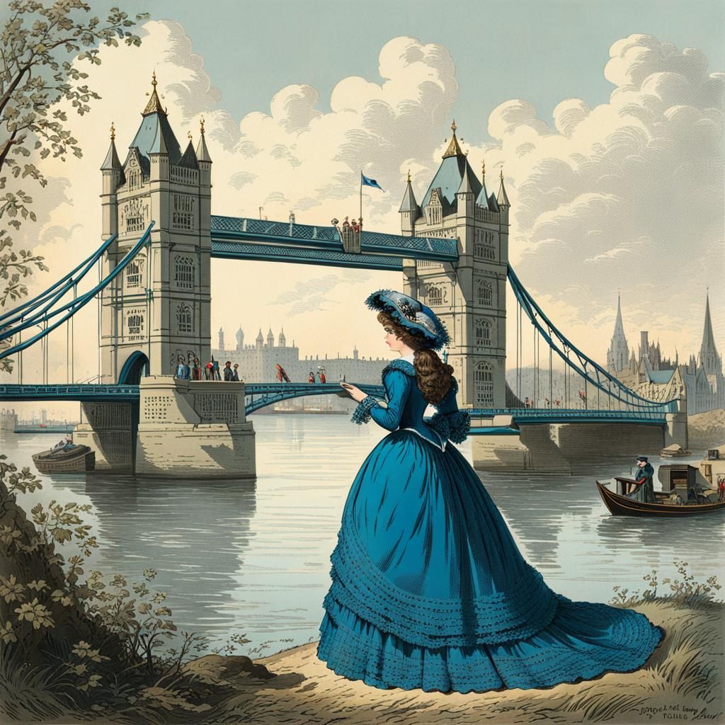 Victorian Tower bridge broken falling into Thames. Beautiful young Victorian Lady in lace and blue dress. picture book i...