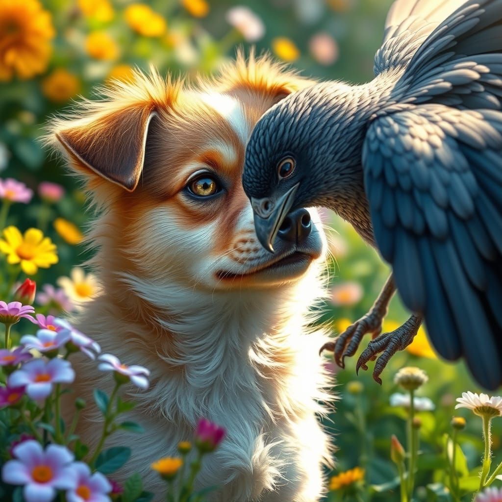 Dog Meets Harpy in Hyperrealistic Garden Scene