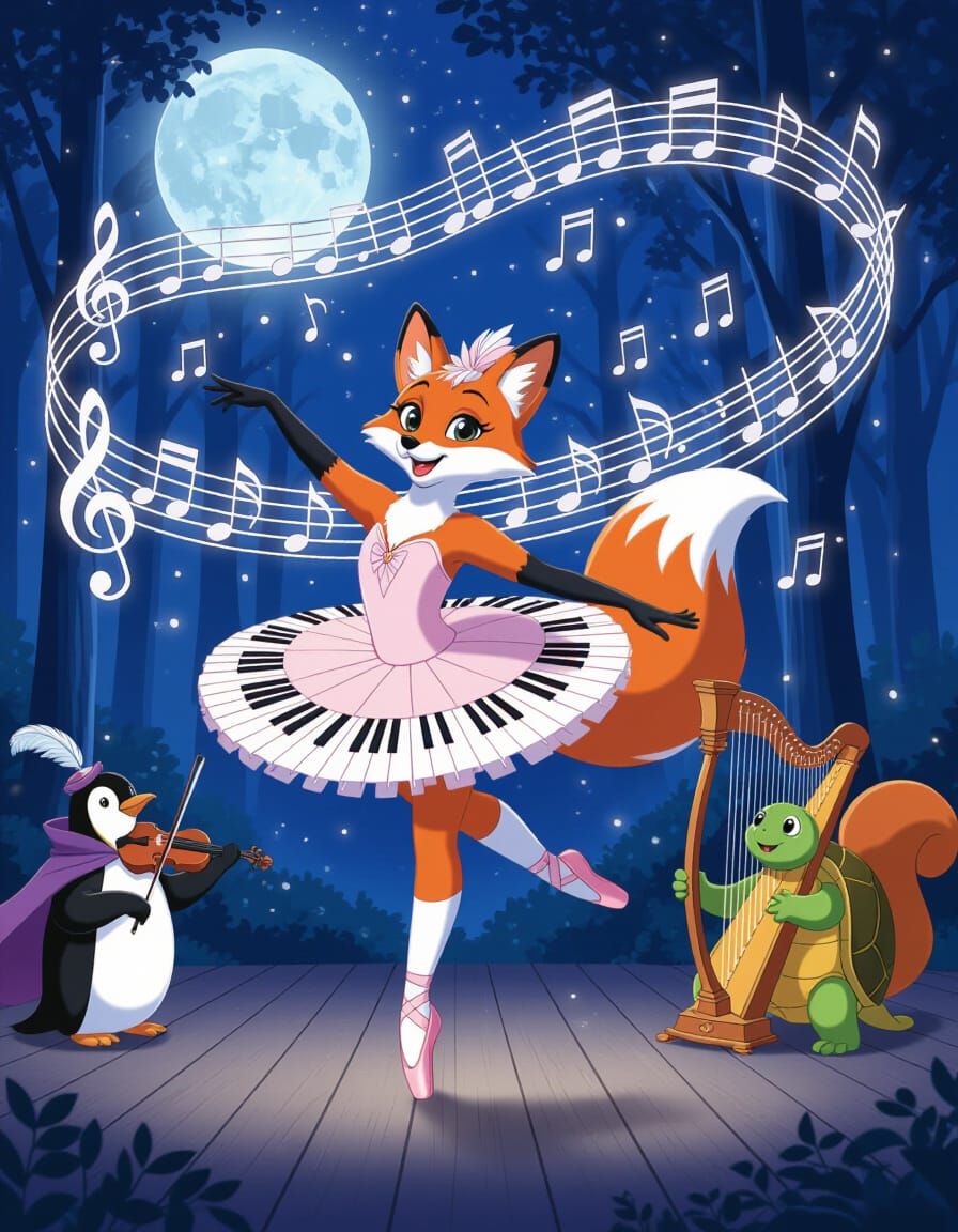 Fox Ballerina Twirls Amidst Musical Forest Creatures