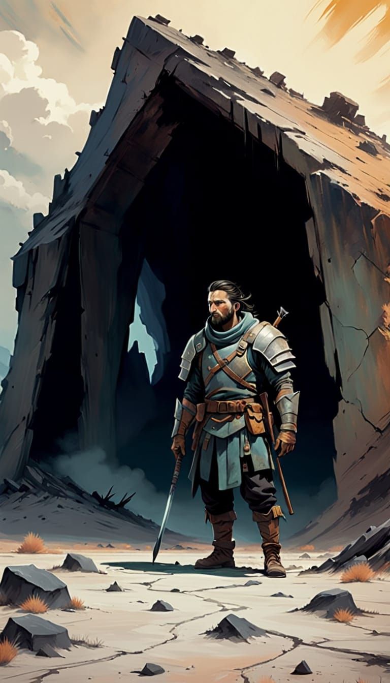 Weary Warrior in Barren Landscape: Wes Anderson Style