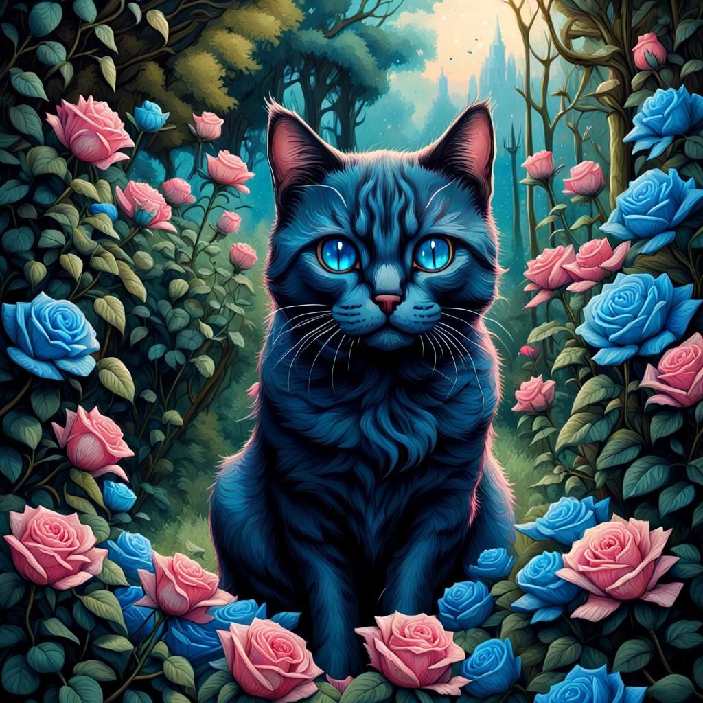 Blue-Eyed Cat in Rose Garden: Detailed Digital Art