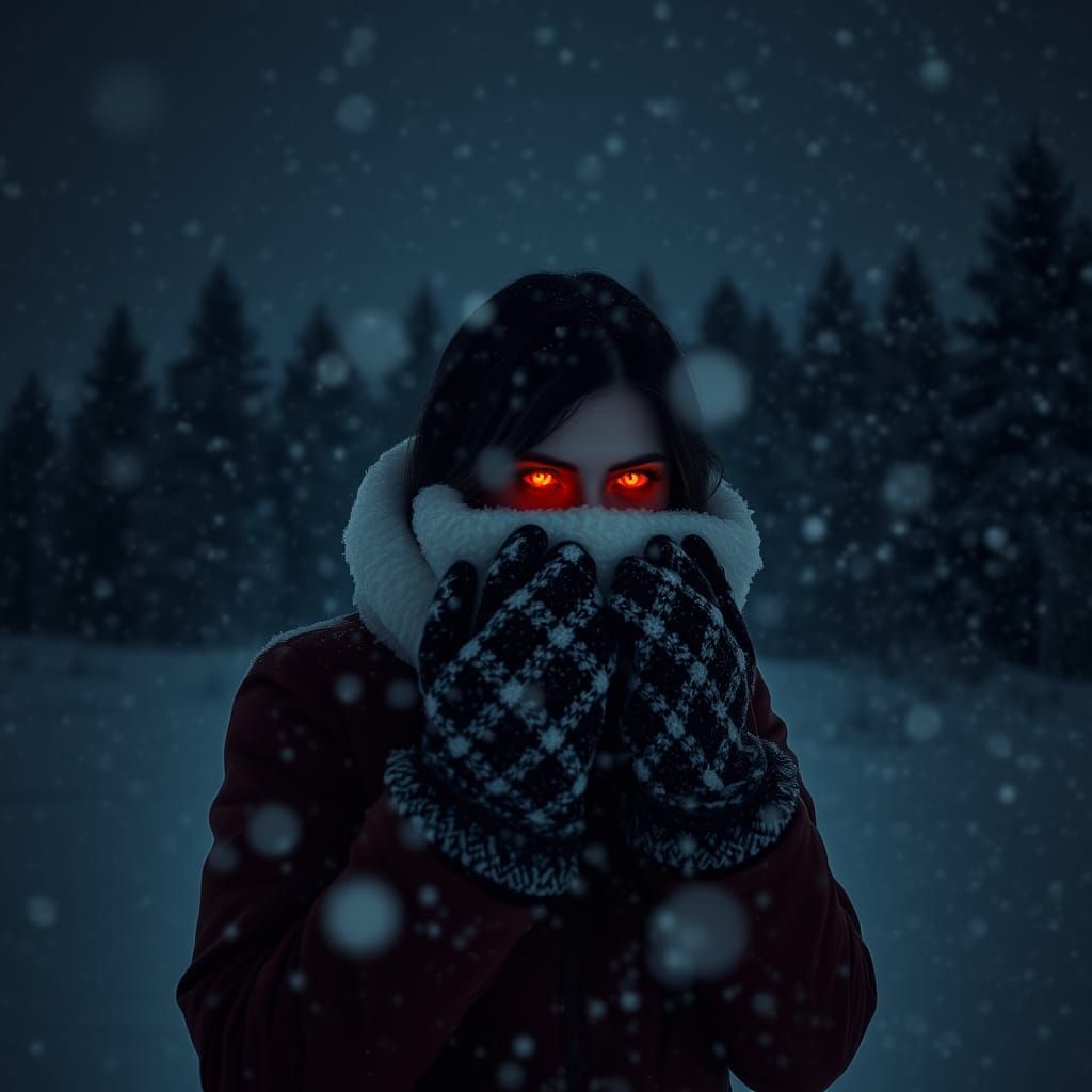 Woman in Crimson Light Illuminates Snowy Forest in a Stormy ...