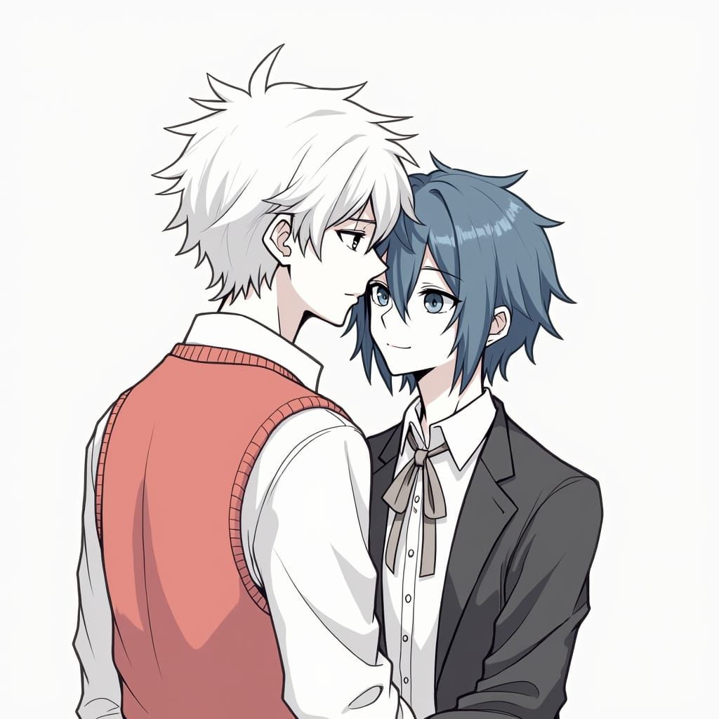 Create a minimalist, unrefined graphite sketch with visible strokes in a bishonen anime style of a romantic couple, wher...