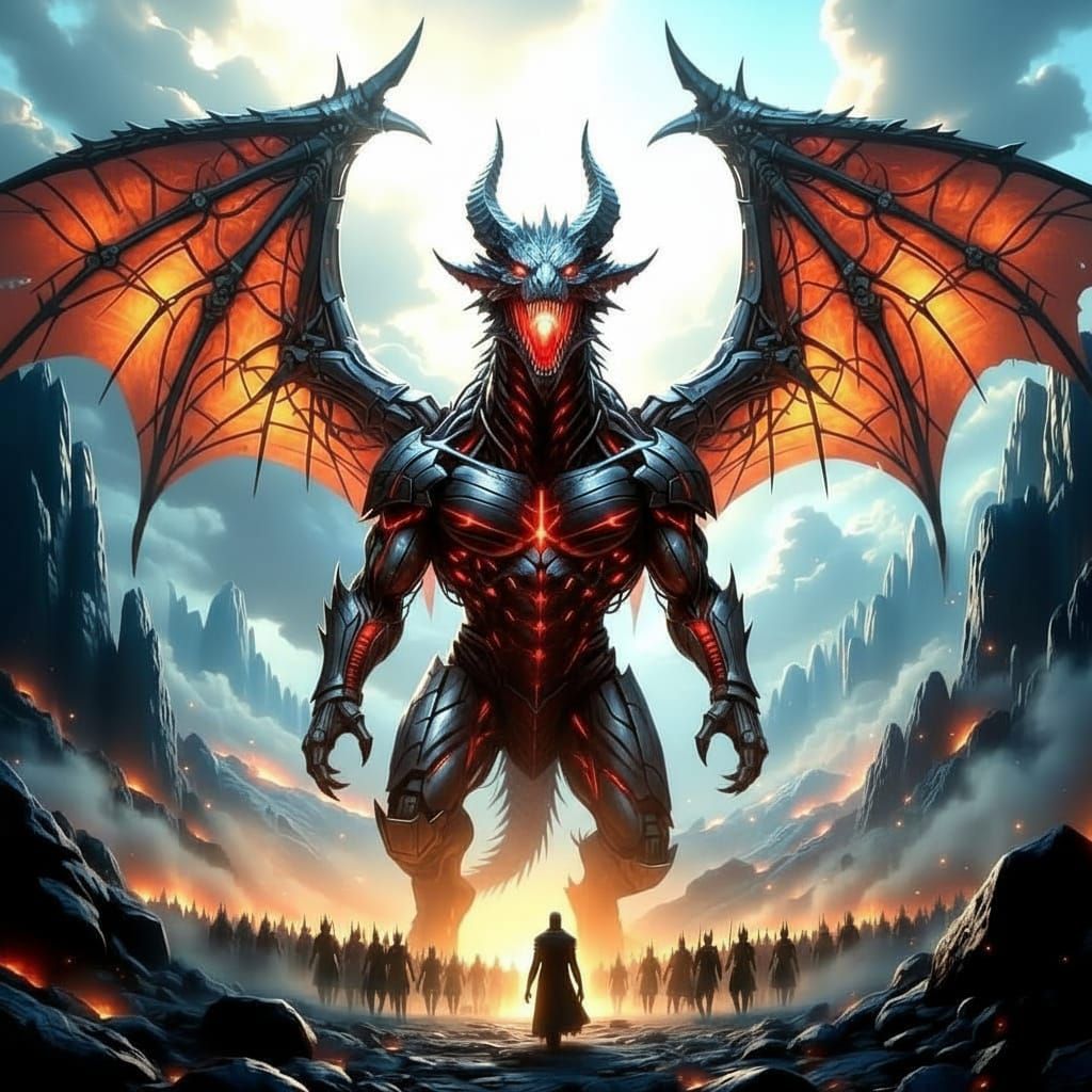 Metallic Dragon Roaring at Approaching Army