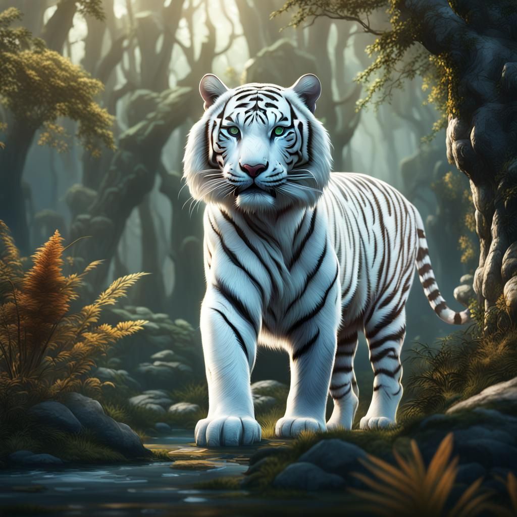 White Tiger in Wild Nature: Detailed Matte Painting