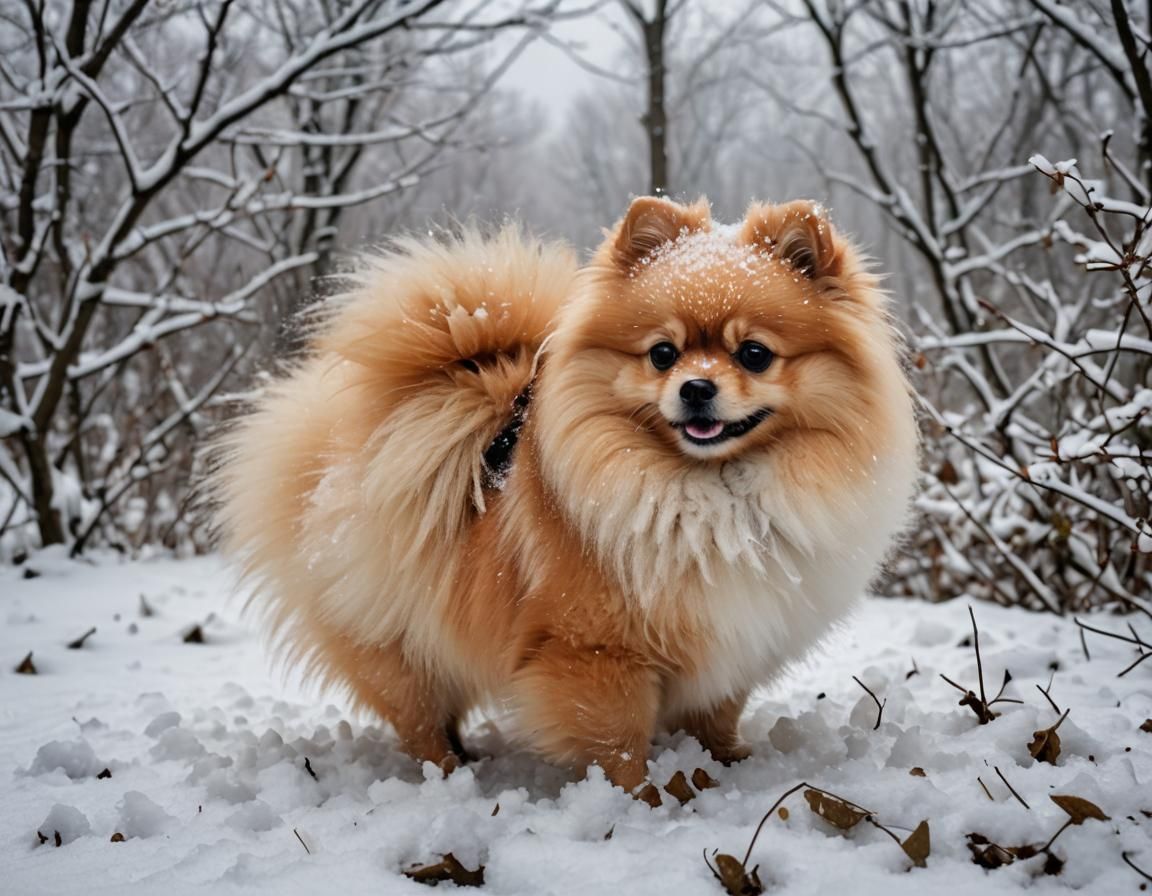 Cute Pomeranian Dog in Winter Snowscape
