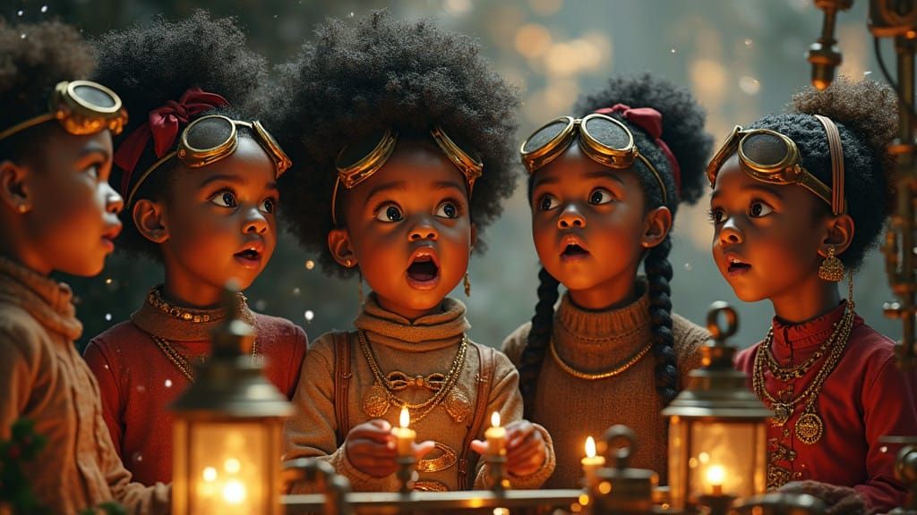African American Children in Steampunk Christmas Wonderland