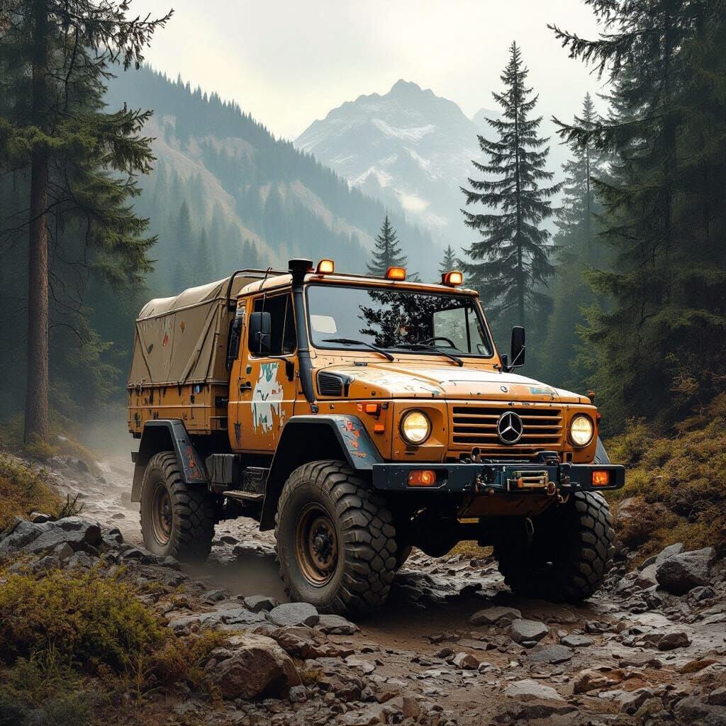 Mercedes Unimog Off-Roading in Mountains, Digital Art