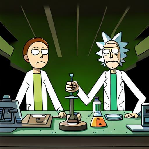 Rick and Morty in Sci-Fi Lab, Cartoon Style