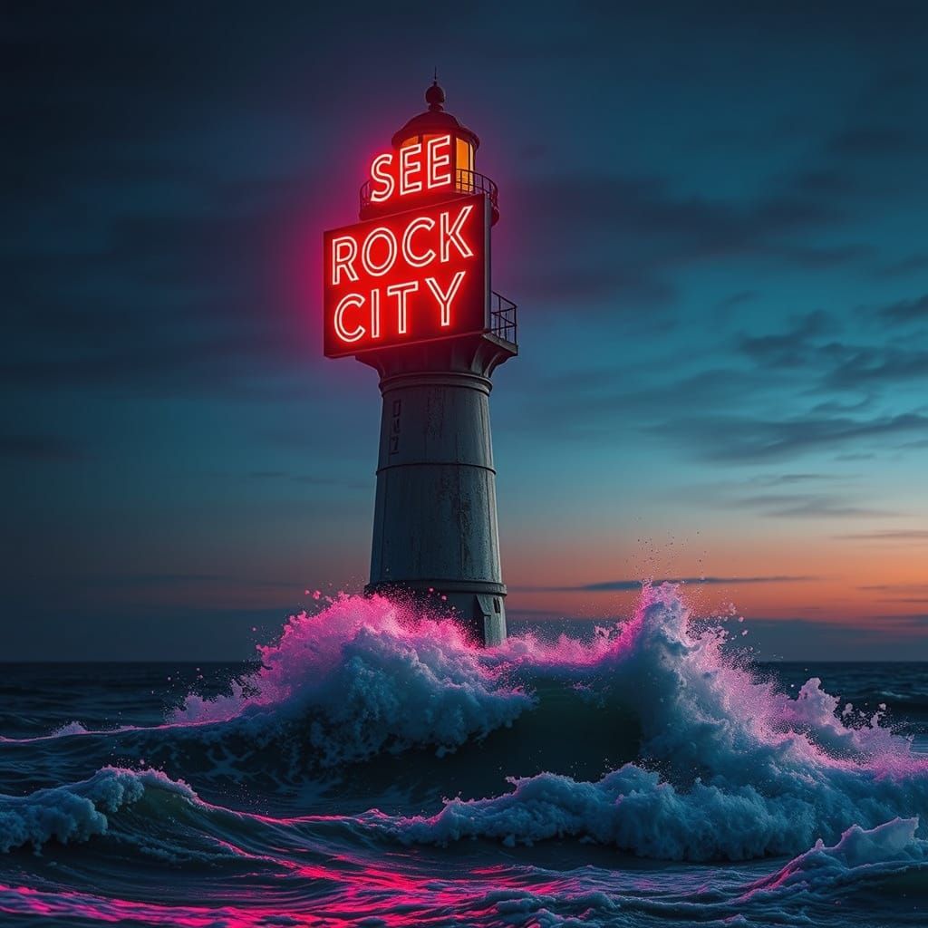 Vintage Lighthouse Neon Sign at Twilight