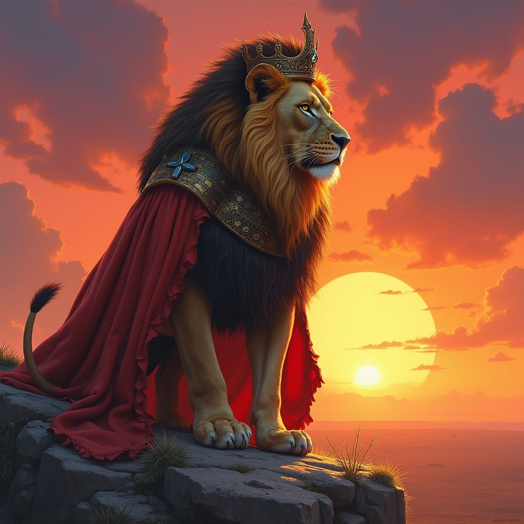 Majestic Lion King on Savanna at Sunset