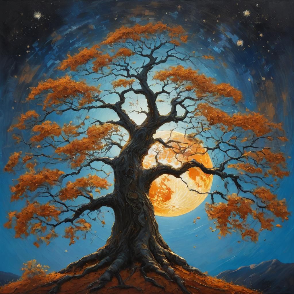 Tree of Life Oil Painting under Celestial Sky