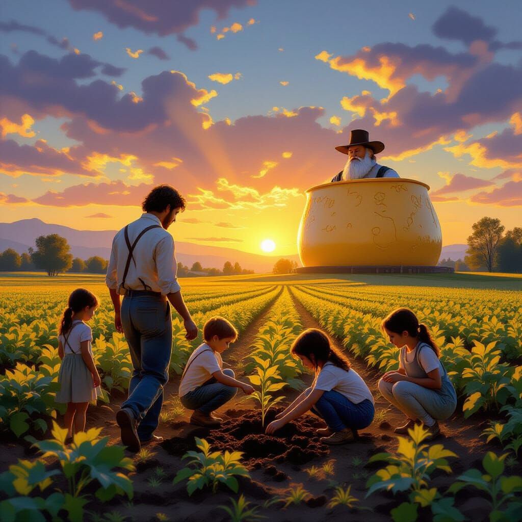 Poetic Twilight Scene: Man Teaches Children Planting Seeds