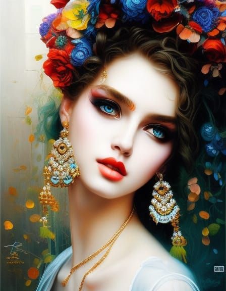 Beautiful Curly Girl Portrait in Detailed Digital Art