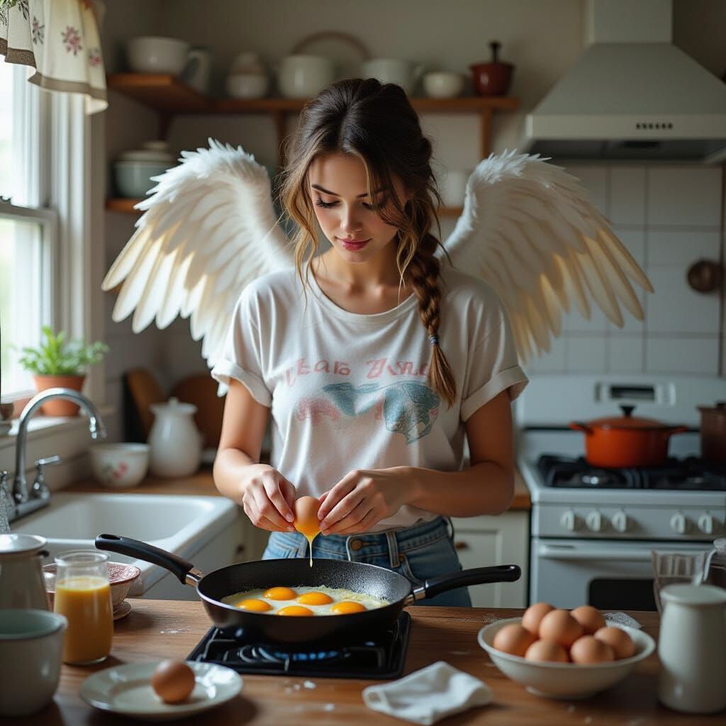 Angel Cracking Eggs: Hyperrealistic Kitchen Scene