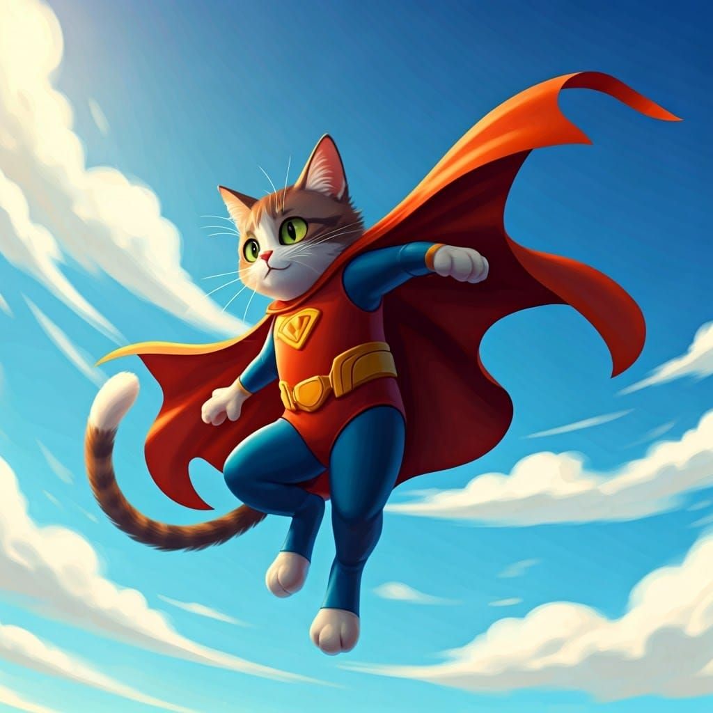 Cat Superhero Tangled in Cape, Comic Art