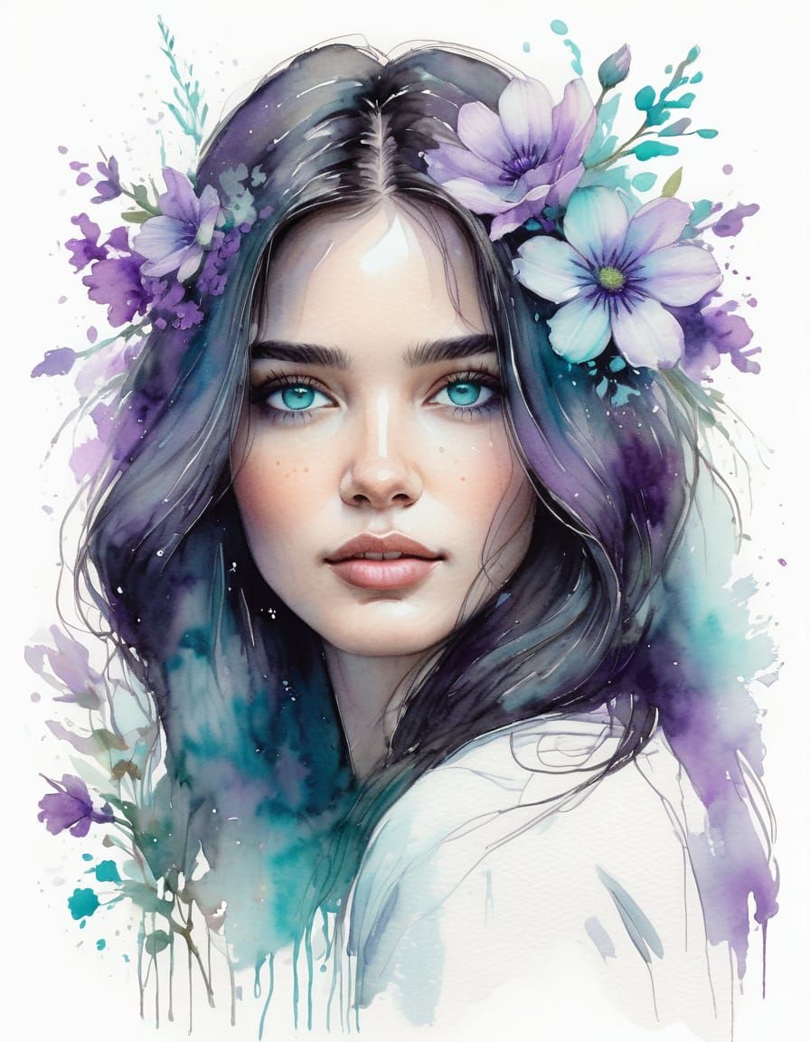 Pretty Woman with Dark Hair and Turquoise Eyes in Misty Moon...