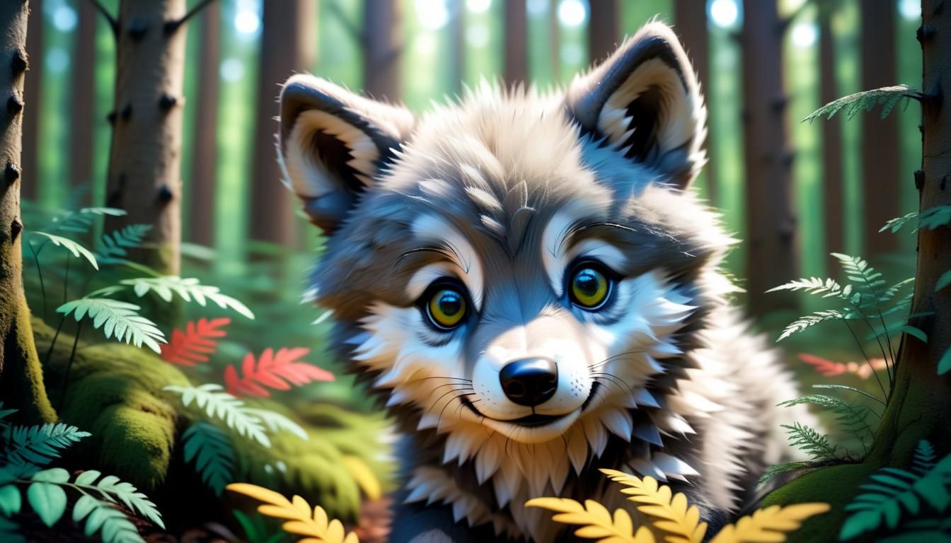 Adorable 3D Baby Wolf Cub in Vibrant Forest