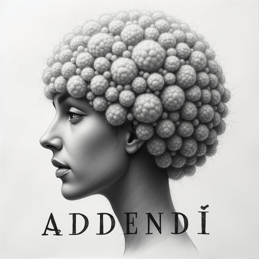 Charcoal Wool Ball Head in Expressive Lettering as Surrealis...