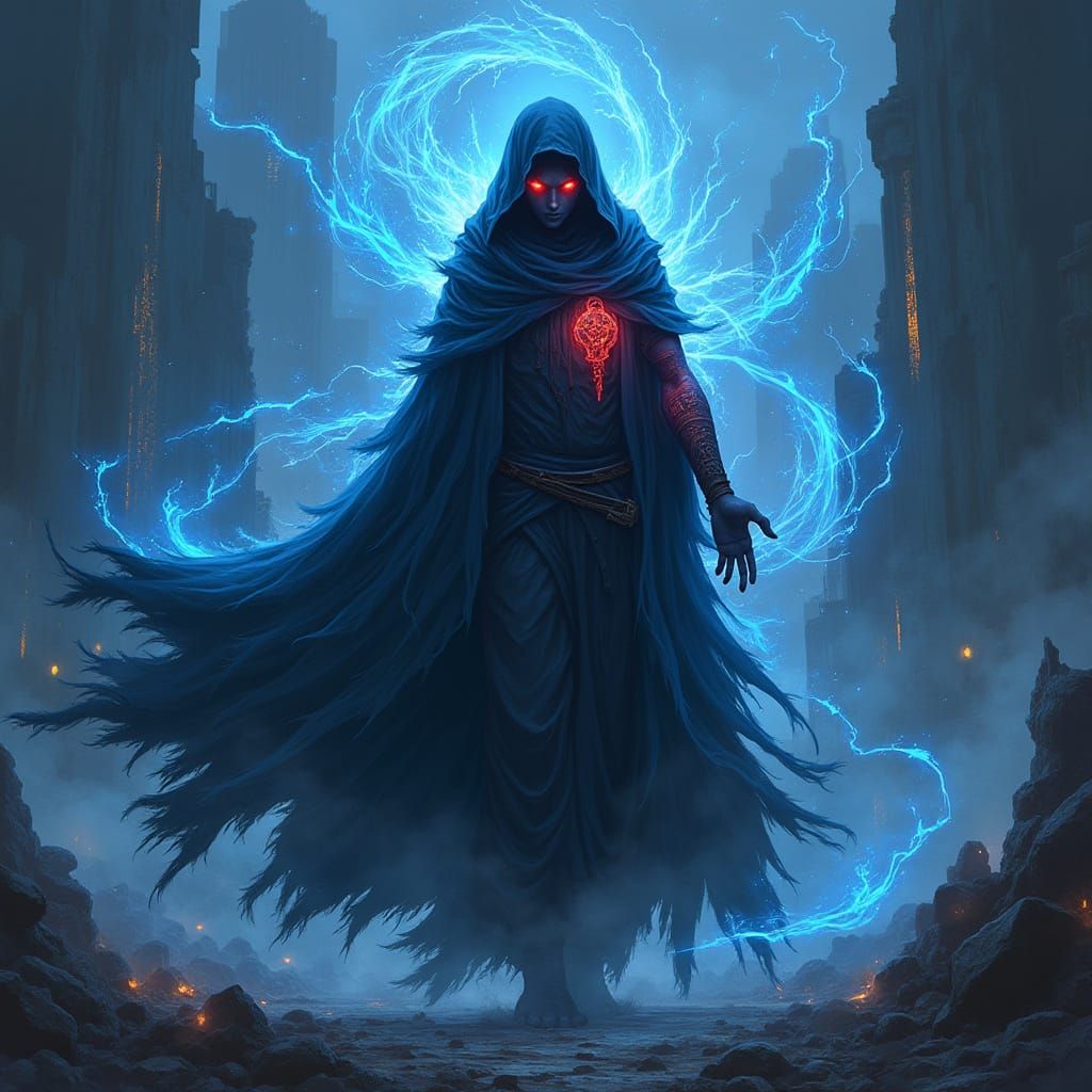 Ethereal Sorcerer Commands Destruction in Ruined Cityscape