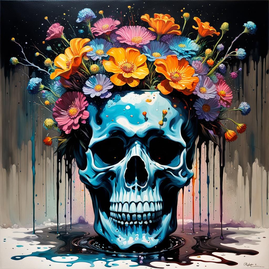 Skull Vase with Glowing Flowers: Surrealist Art