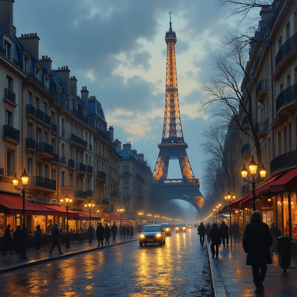 Parisian Street Scene at Dusk in Impressionist Style