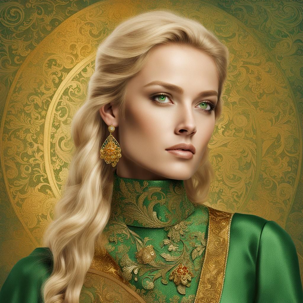 Blonde Woman with Amber Jewelry and Green Dress