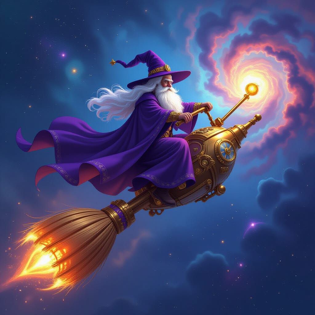 Steampunk Wizard Rides a Broom Through Nebula