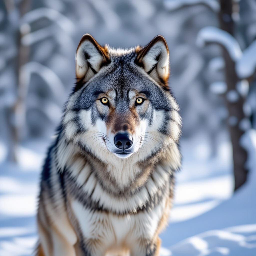 Majestic Wolf in Snowy Forest, Hyperrealistic Style