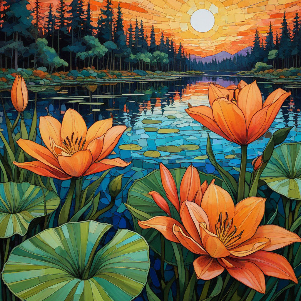 Vibrant Sunset Water Garden with Iridescent Blues and Greens