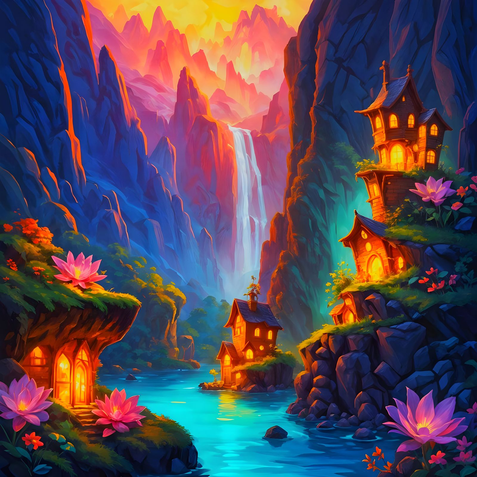 A hidden fairy village nestled among the jagged peaks of the...