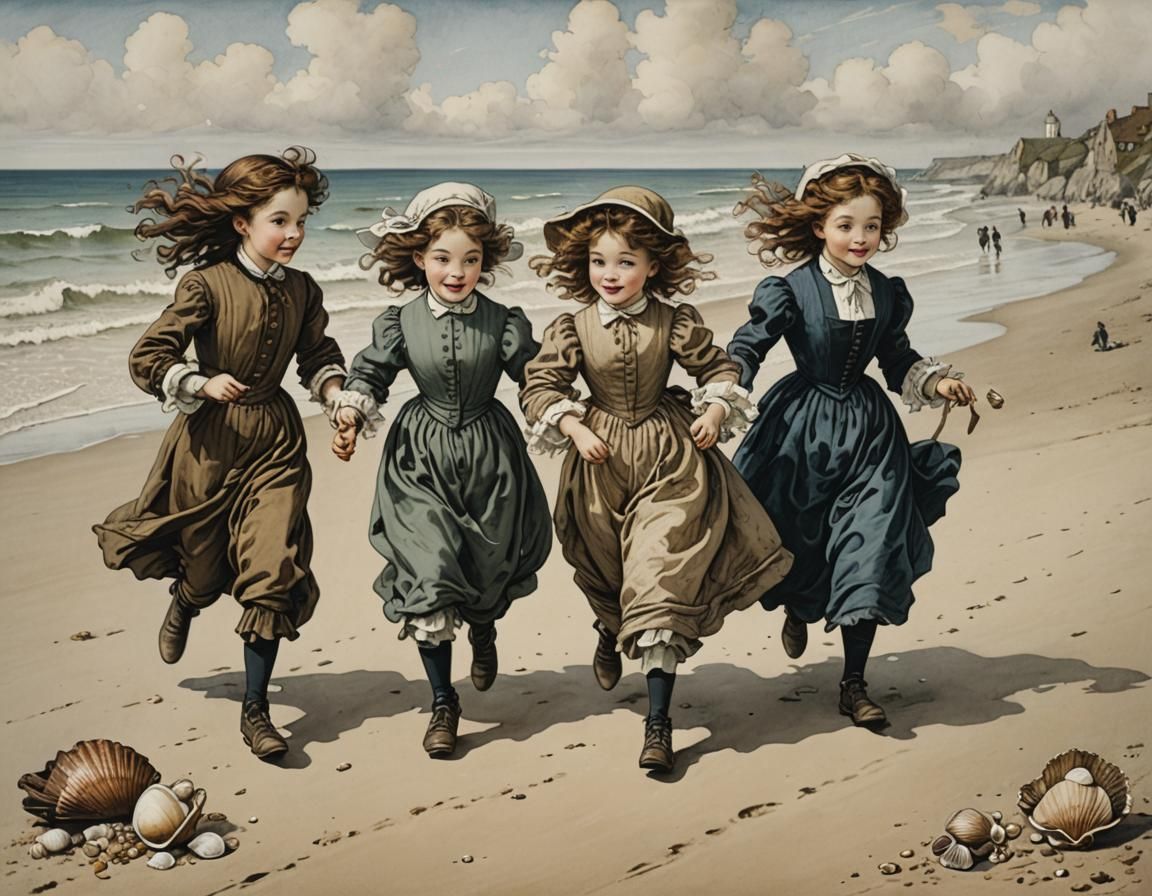 Children Collecting Shells on Beach, Whimsical Art