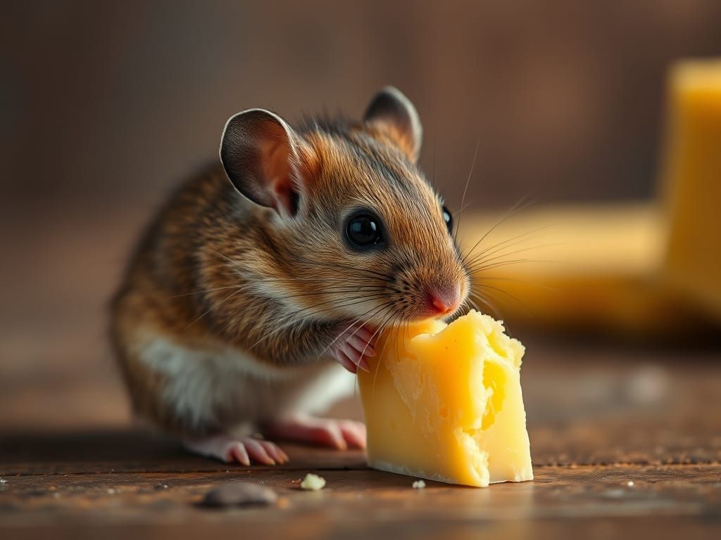 Adorable Mouse Nibbling Swiss Cheese Macro Shot