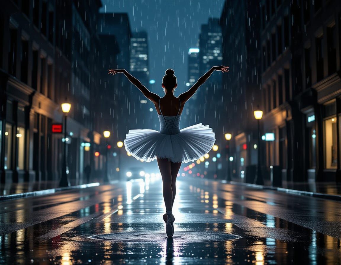 Ballerina Leaps on Rainy City Street at Night