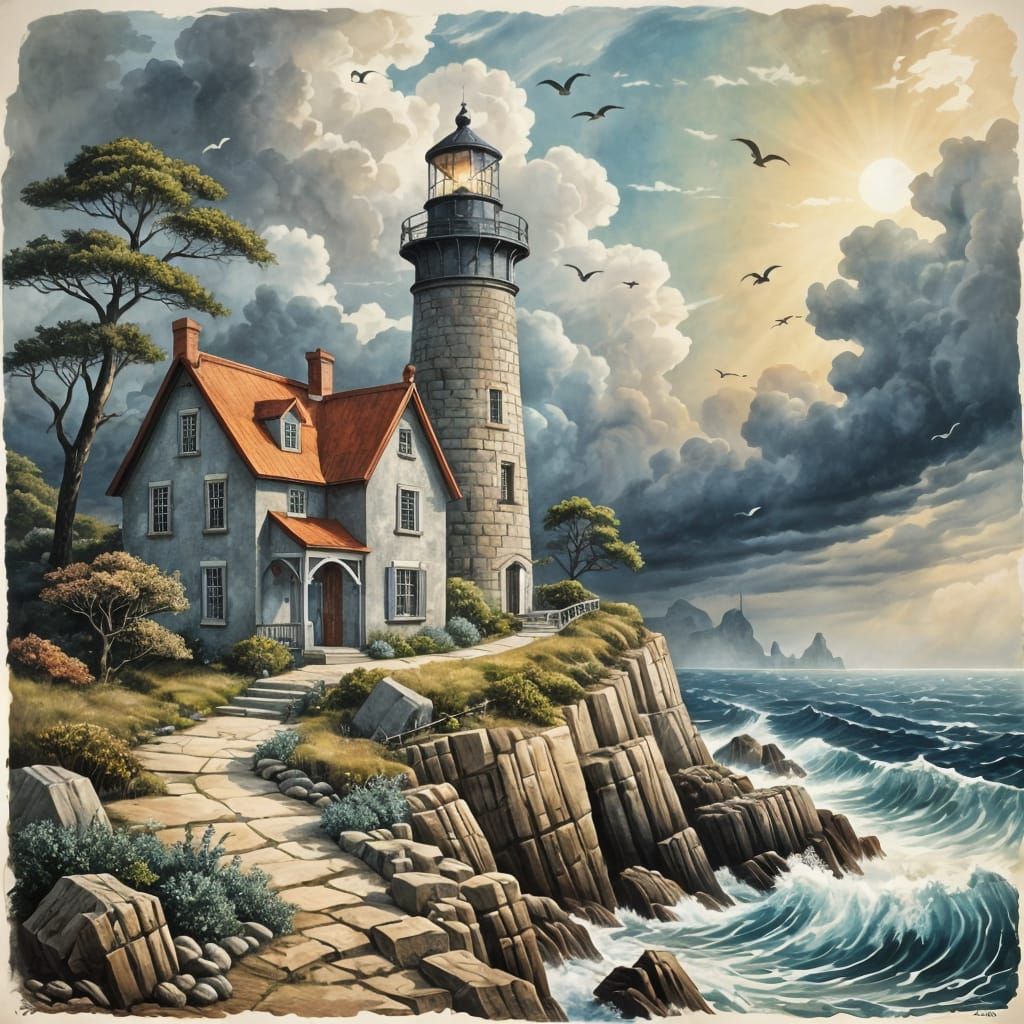 Whimsical Watercolor Lighthouse in a Mysterious Coastal Scen...