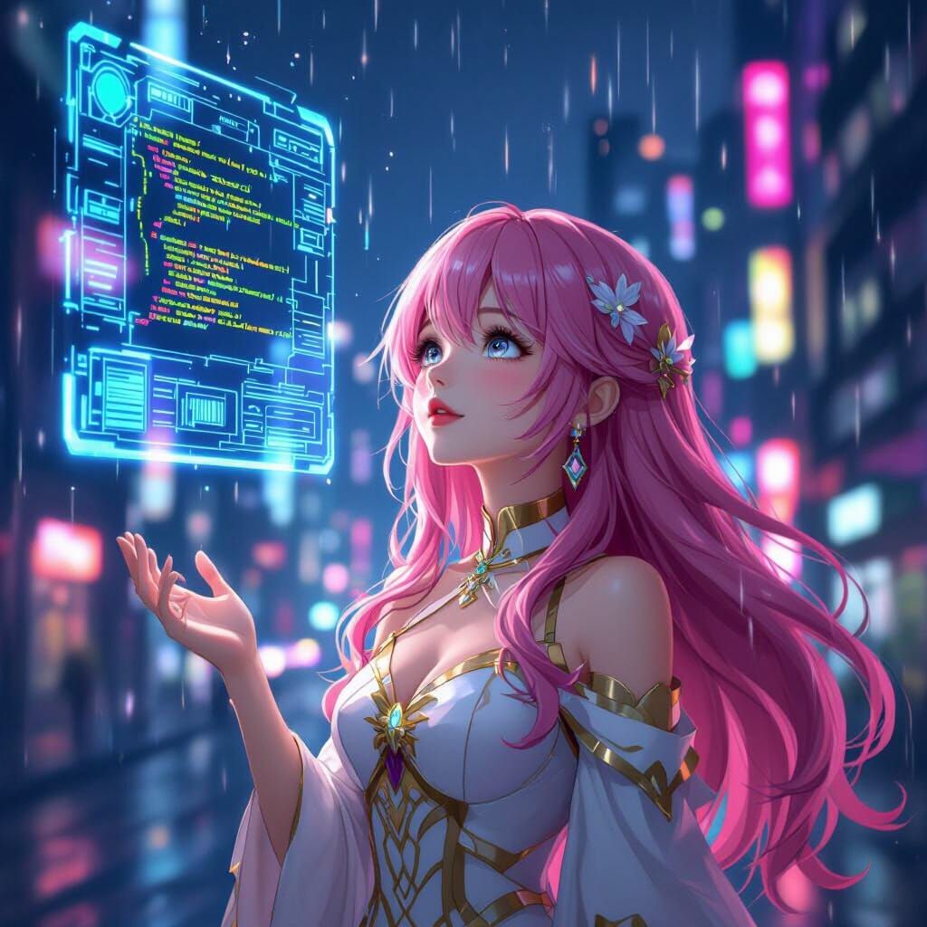 Futuristic Woman Amazed by AI Code Display