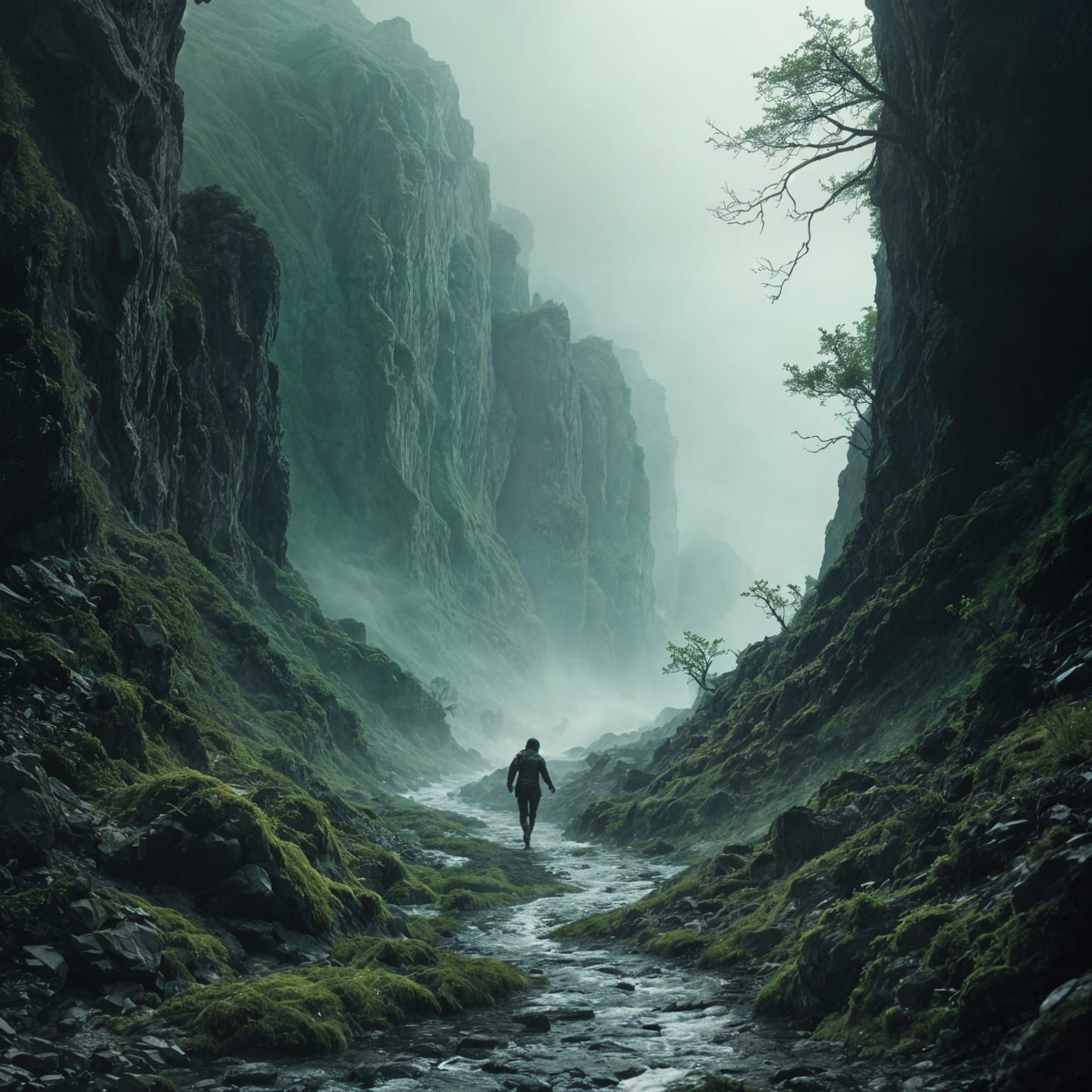 Dramatic Cliffs at Water's Edge in Dark Green Chaos