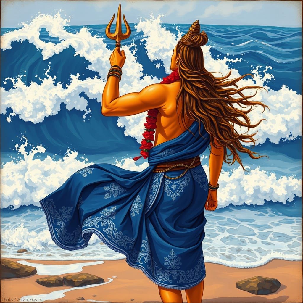 Golden Shiva Contemplates the Ocean in Indian Folk Art Style