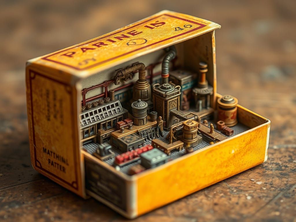 Vintage Matchbox Miniature Factory in Warm, Golden Brown