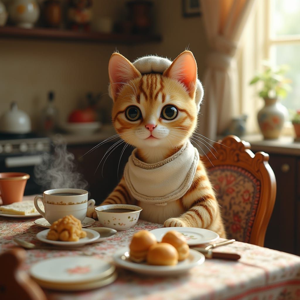 Striped Cat's Breakfast in Beatrix Potter Style