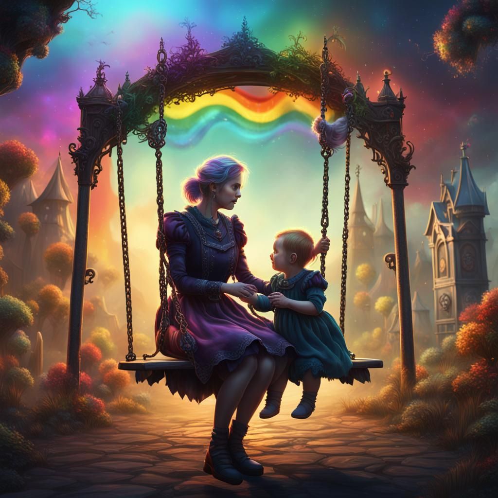 Gothic Mother and Rainbow Baby on Swing