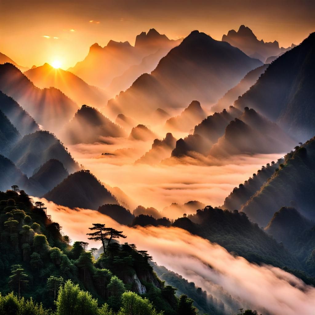 Sunrise Over Mountains in China Landscape