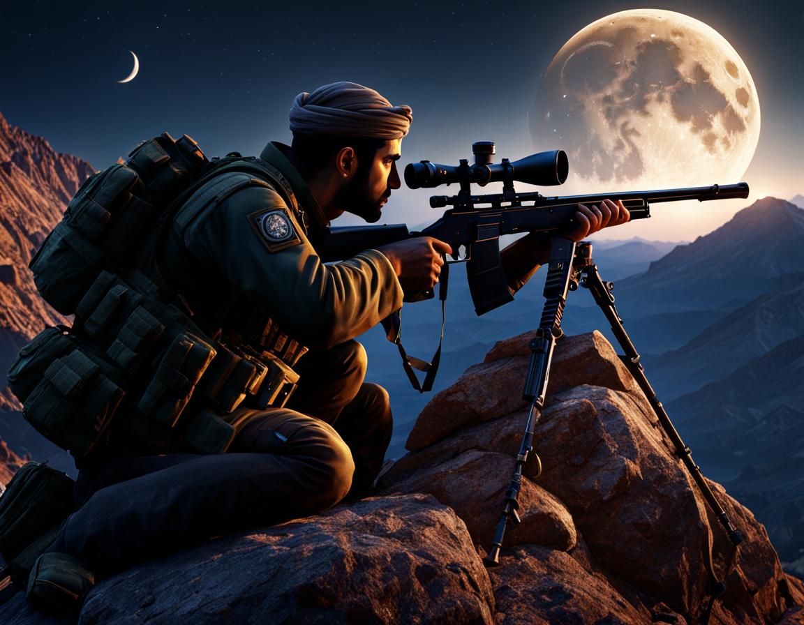 Kurdish Sniper Aims Under Crescent Moon: 8K Concept Art