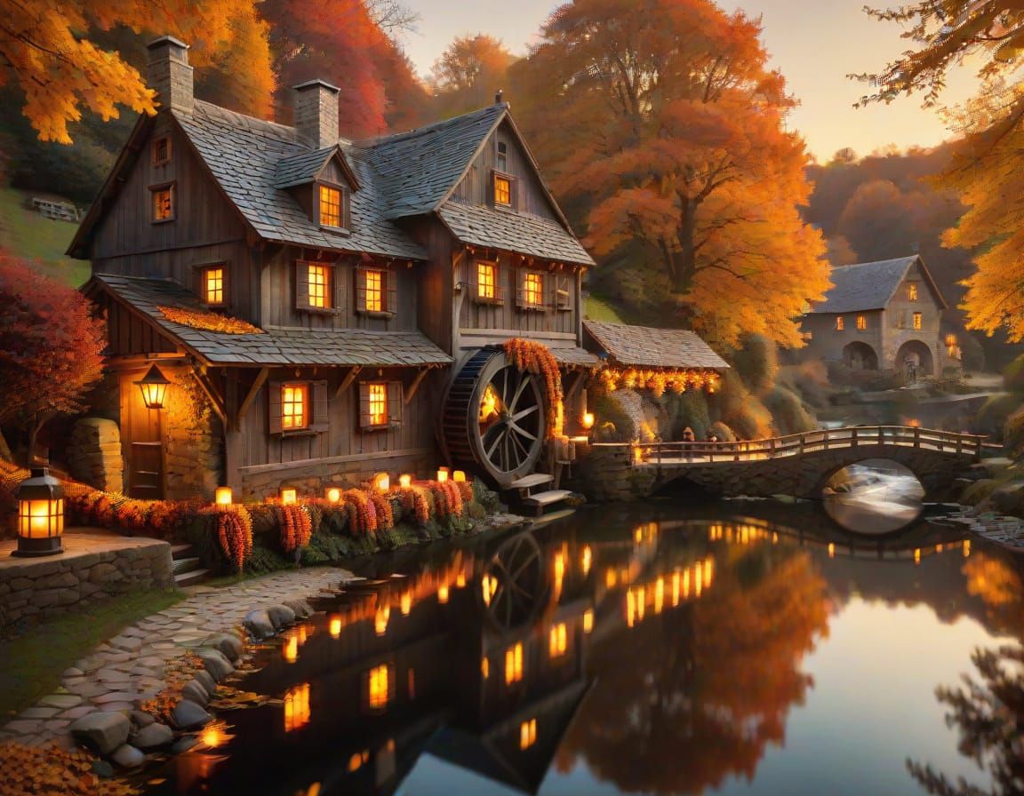 Enchanting Autumn Water Mill in Vintage Illustration Style