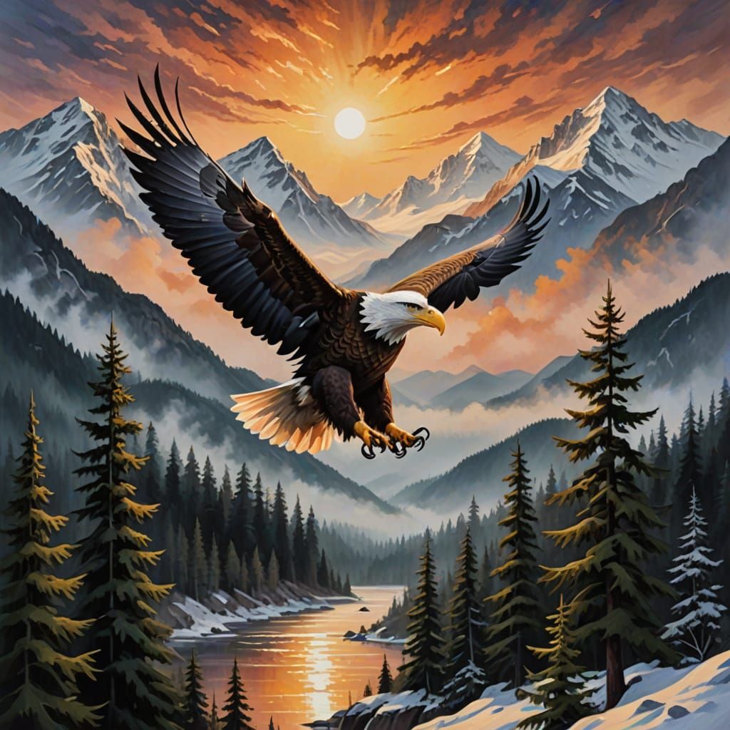 Majestic Bald Eagle Soaring Over American Flag in Golden Hou...