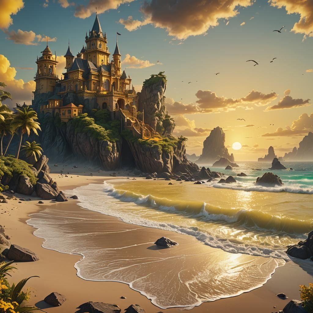 Fantasy Beach with Yellow Skies in Detailed Matte Painting