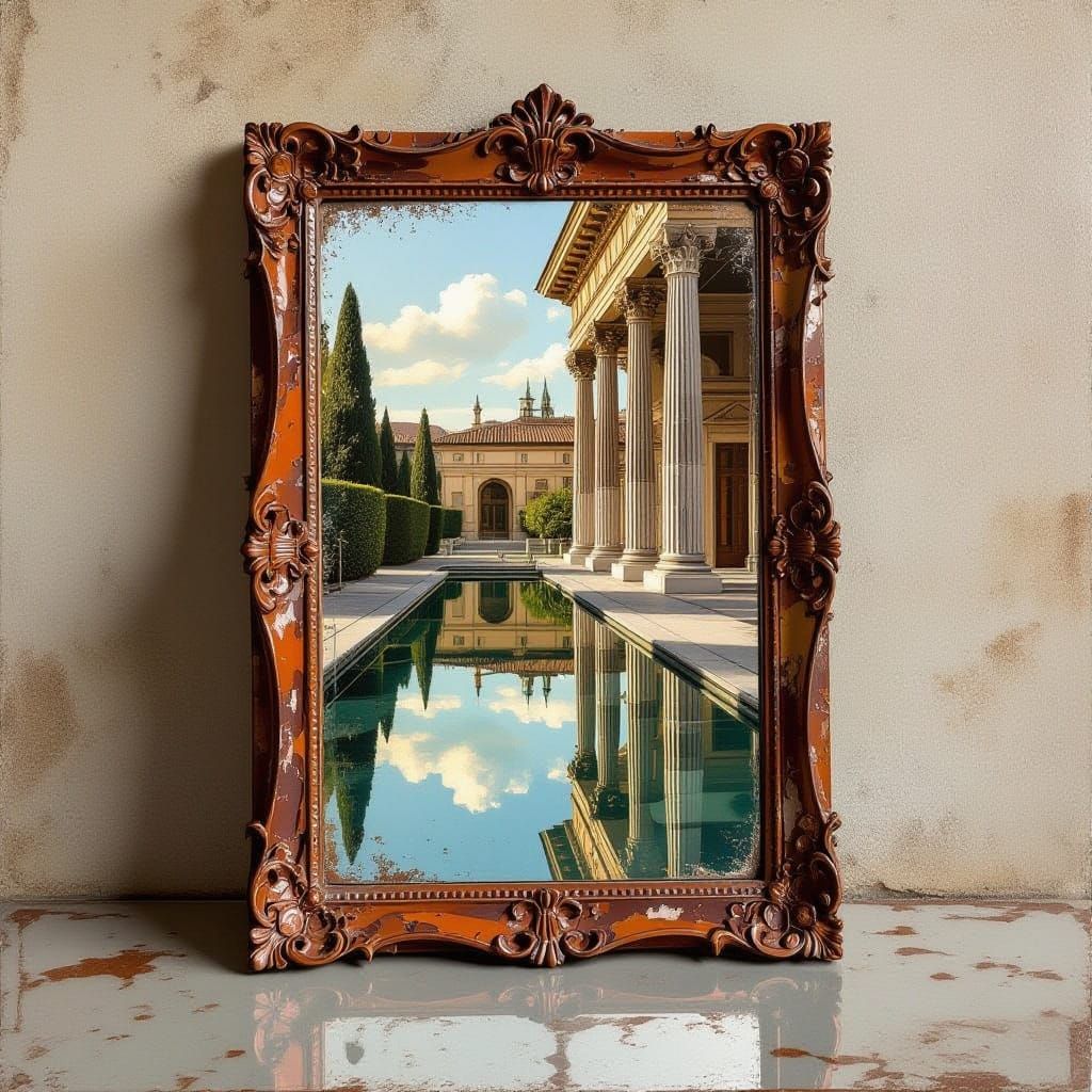 Rust Mirror Reflection in Etching Style