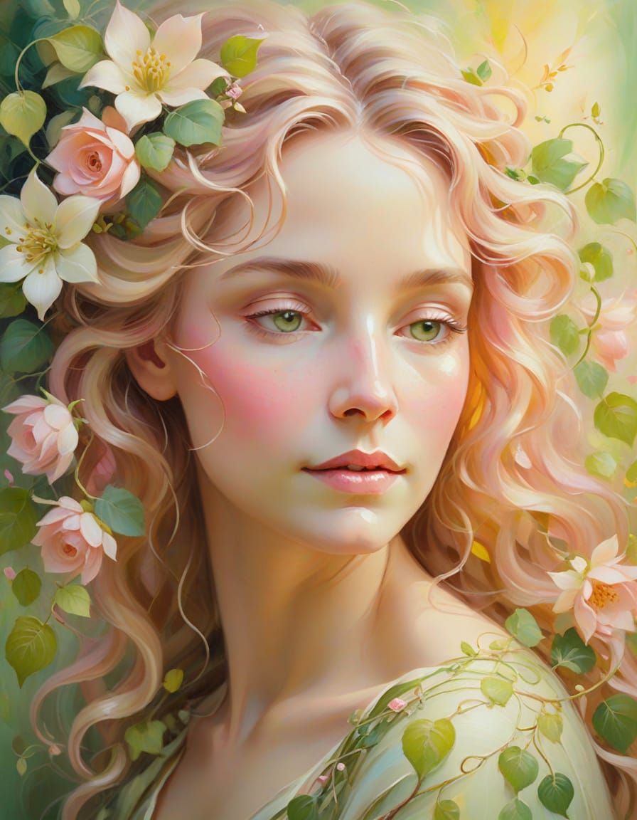 Woman Transforms into Flowers: Impressionist Oil Painting