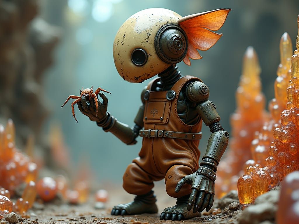 Whimsical Steampunk Android with Leather Skin and Spider