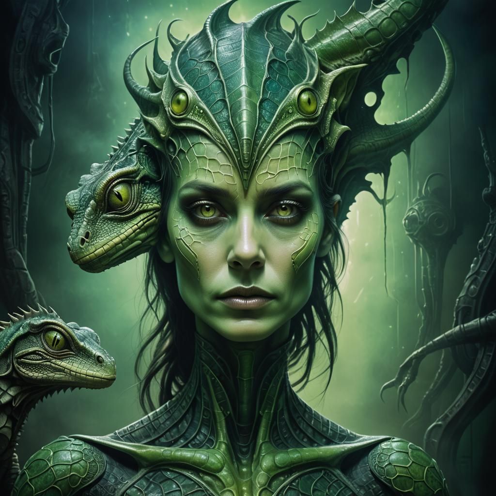 Lizard Woman and Alien Portrait in Surrealist Style